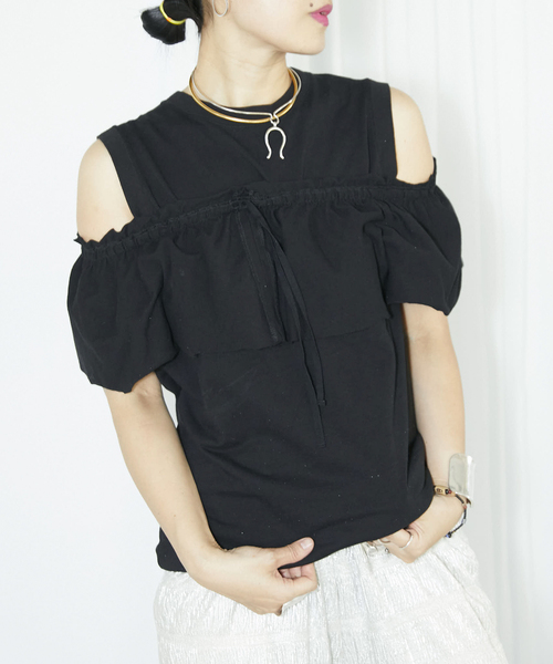 CITYSHOP（シティーショップ）の「BAND SLEEVE TANK：カットソー（Tシャツ/カットソー・レディース・ブラック/ホワイト・FREE）」の3枚目の写真