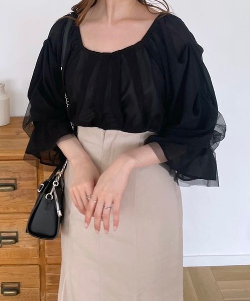 mysty woman（ミスティウーマン）の「レイヤーチュールタックスリーブブラウス 964472（シャツ/ブラウス・レディース・ホワイト系その他/モカ/ブラック・FREE）」の20枚目の写真