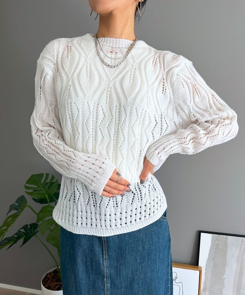 Jewelobe(ジュエローブ)の「透かし柄編みモヘアライクニットプルオーバー(ニット/セーター・レディース・ホワイト/ピンク/ブラック・FREE)」の4枚目の写真