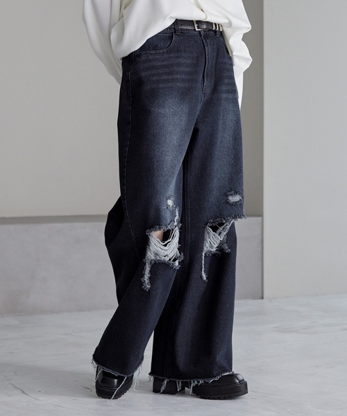 cussil（クシル）の「【cussil/クシル】【11.5oz】ルーズシルエットダメージワイドデニムパンツ（デニムパンツ・メンズ・ダークグレー/ダークブルー/ブラック・XS/S/M/L）」の16枚目の写真