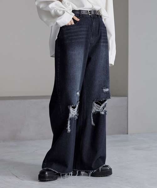 cussil（クシル）の「【cussil/クシル】【11.5oz】ルーズシルエットダメージワイドデニムパンツ（デニムパンツ・メンズ・ダークグレー/ダークブルー/ブラック・XS/S/M/L）」の17枚目の写真