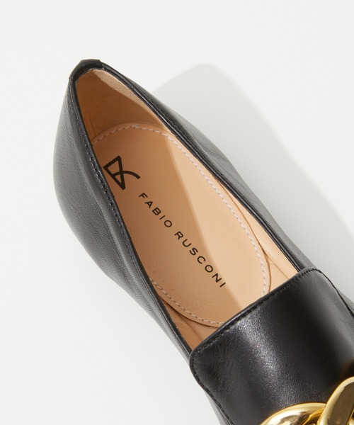 FABIO RUSCONI ブラックローファー ゴールドチェーン ○ファビオルスコーニ FABIO RUSCONI チェーン付ローファー