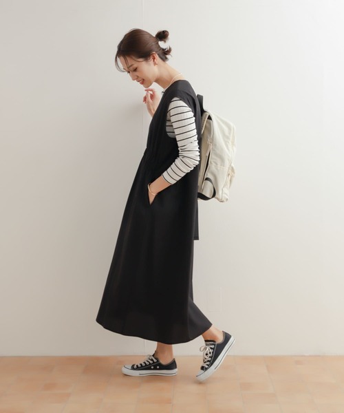 URBAN RESEARCH DOORS（アーバンリサーチドアーズ）の「フロントギャザージャンパースカート（ワンピース・レディース・ベージュ/ブラック・MEDIUM）」の5枚目の写真