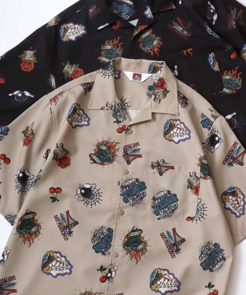 BEN DAVIS(ベンデイビス)の「BEN DAVIS/ベンデイビス INKED O/C SS SHIRT/オーバーサイズ 麻タッチ ポリオックス 総柄 オープンカラー 半袖シャツ/レディース メンズ(シャツ/ブラウス・メンズ・ブラック/ベージュ・M/L/XL)」の2枚目の写真