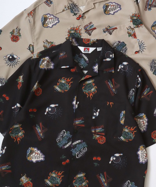 BEN DAVIS(ベンデイビス)の「BEN DAVIS/ベンデイビス INKED O/C SS SHIRT/オーバーサイズ 麻タッチ ポリオックス 総柄 オープンカラー 半袖シャツ/レディース メンズ(シャツ/ブラウス・メンズ・ブラック/ベージュ・M/L/XL)」の1枚目の写真