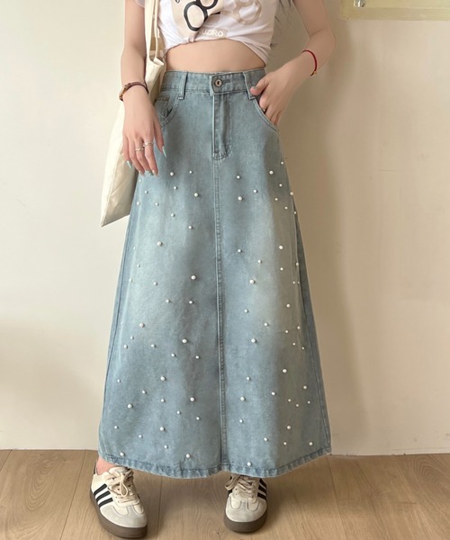 SHEENA(シーナ)の「パールデニムロングスカート(デニムスカート・レディース・サックスブルー・S/L/M)」の1枚目の写真