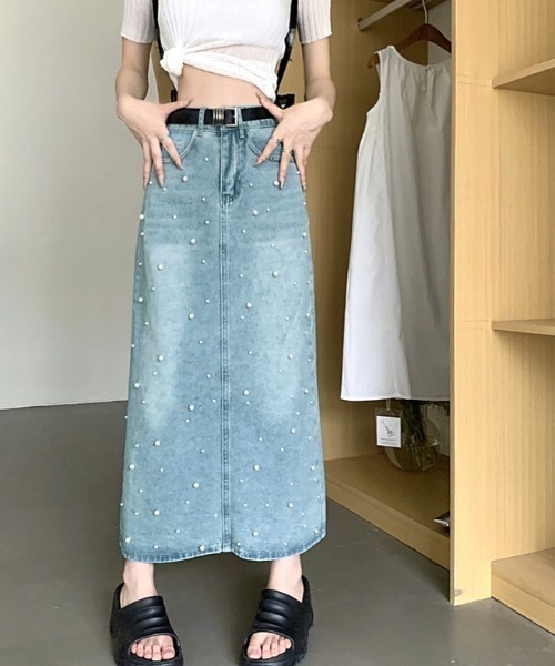 SHEENA(シーナ)の「パールデニムロングスカート(デニムスカート・レディース・サックスブルー・S/L/M)」の2枚目の写真