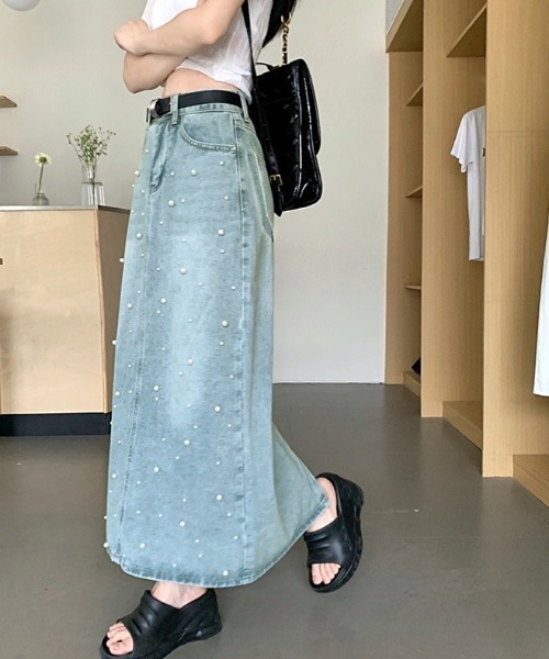 SHEENA(シーナ)の「パールデニムロングスカート(デニムスカート・レディース・サックスブルー・S/L/M)」の4枚目の写真