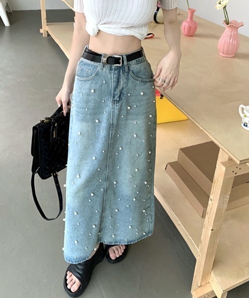 SHEENA(シーナ)の「パールデニムロングスカート(デニムスカート・レディース・サックスブルー・S/L/M)」の6枚目の写真