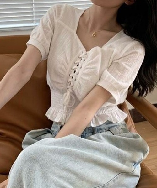 GLAMOROUS JANE(グラマラスジェーン)の「ウエストシャーリングレースアップブラウス(シャツ/ブラウス・レディース・ブラック/ホワイト・FREE)」の9枚目の写真