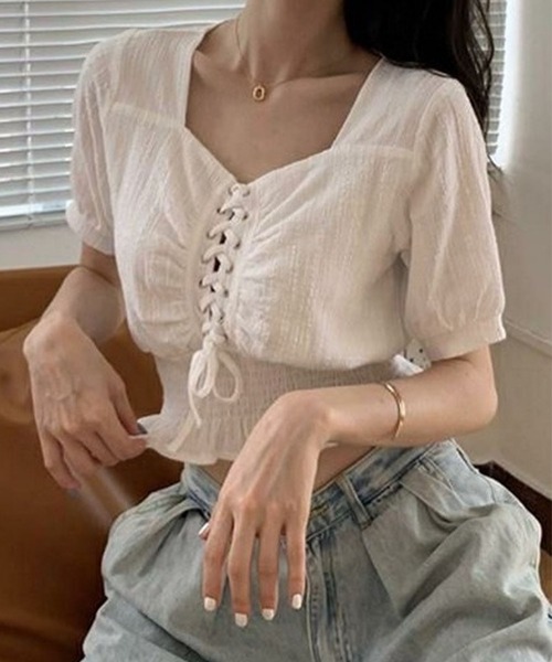GLAMOROUS JANE(グラマラスジェーン)の「ウエストシャーリングレースアップブラウス(シャツ/ブラウス・レディース・ブラック/ホワイト・FREE)」の10枚目の写真