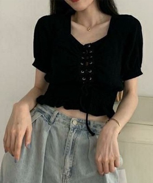 GLAMOROUS JANE(グラマラスジェーン)の「ウエストシャーリングレースアップブラウス(シャツ/ブラウス・レディース・ブラック/ホワイト・FREE)」の13枚目の写真