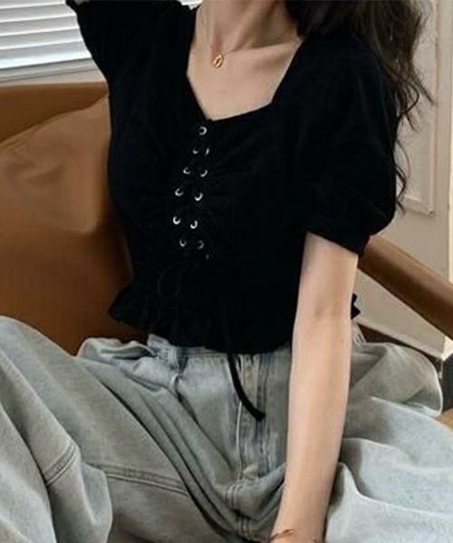 GLAMOROUS JANE(グラマラスジェーン)の「ウエストシャーリングレースアップブラウス(シャツ/ブラウス・レディース・ブラック/ホワイト・FREE)」の14枚目の写真