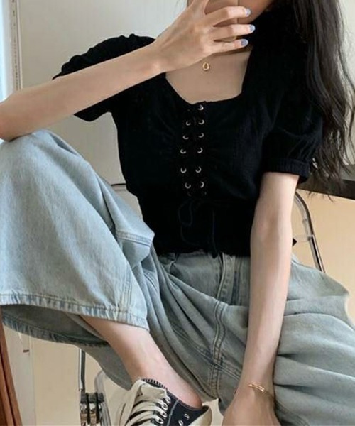 GLAMOROUS JANE(グラマラスジェーン)の「ウエストシャーリングレースアップブラウス(シャツ/ブラウス・レディース・ブラック/ホワイト・FREE)」の16枚目の写真