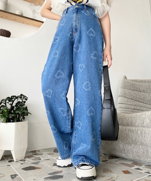 セール】ハート柄デニムパンツ（デニムパンツ）｜moment+（モーメント