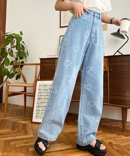 セール】ハート柄デニムパンツ（デニムパンツ）｜moment+（モーメント