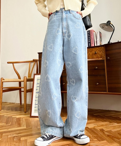 セール】ハート柄デニムパンツ（デニムパンツ）｜moment+（モーメント