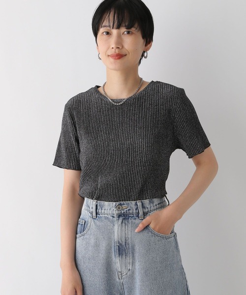 LEPSIM（レプシィム）の「ラメリブ5分袖クルー　126522（Tシャツ/カットソー・レディース・ライトグレー/ブラック・FREE）」の4枚目の写真