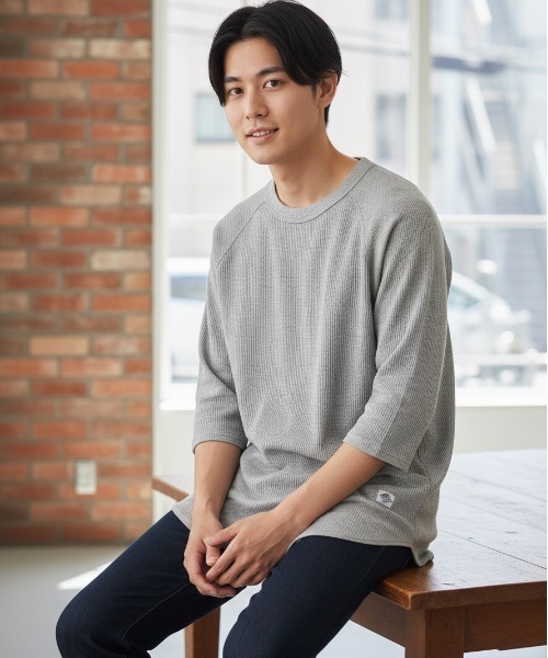JEMORGAN(ジェーイーモーガン)の「【JEMORGAN / ジェーイーモーガン】ワッフル7分袖ラグランラウンドTシャツ(Tシャツ/カットソー・メンズ・カーキ/ネイビー/ブラック/ホワイト/杢グレー/ナチュラル/グリーン/サックスブルー/マスタード/モカ・M/L/XL/S)」の3枚目の写真
