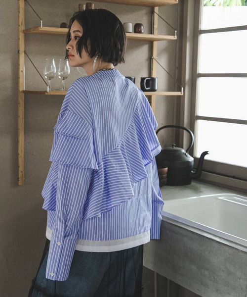 bohmal（ボマール）の「配色切替フリルシャツ（シャツ/ブラウス・レディース・ホワイト/ブルー・FREE）」の13枚目の写真