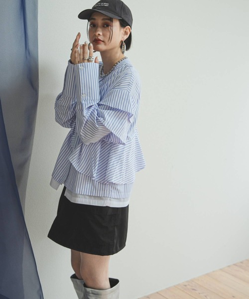 bohmal（ボマール）の「配色切替フリルシャツ（シャツ/ブラウス・レディース・ホワイト/ブルー・FREE）」の21枚目の写真