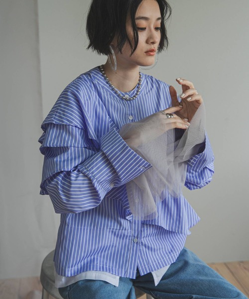 bohmal（ボマール）の「配色切替フリルシャツ（シャツ/ブラウス・レディース・ホワイト/ブルー・FREE）」の11枚目の写真