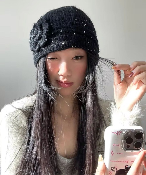 SORUTT / ソルト 】 ローズモチーフ 編み込みビーニー / スパンコール