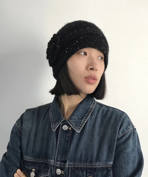 SORUTT / ソルト 】 ローズモチーフ 編み込みビーニー / スパンコール