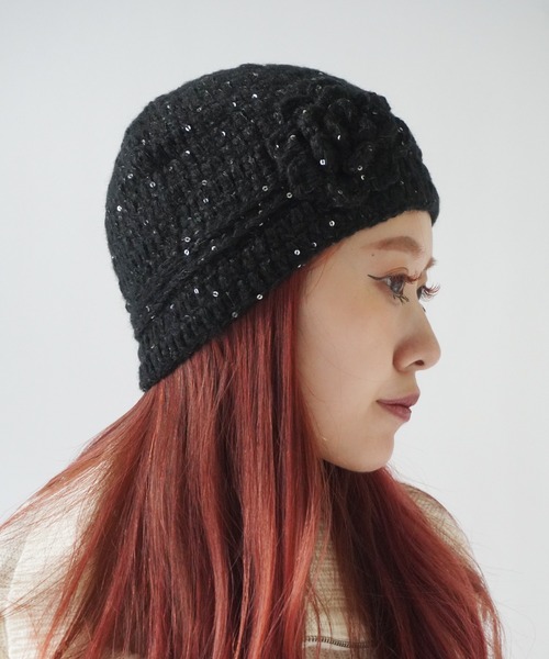 SORUTT / ソルト 】 ローズモチーフ 編み込みビーニー / スパンコール