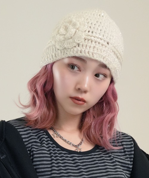 SORUTT / ソルト 】 ローズモチーフ 編み込みビーニー / スパンコール