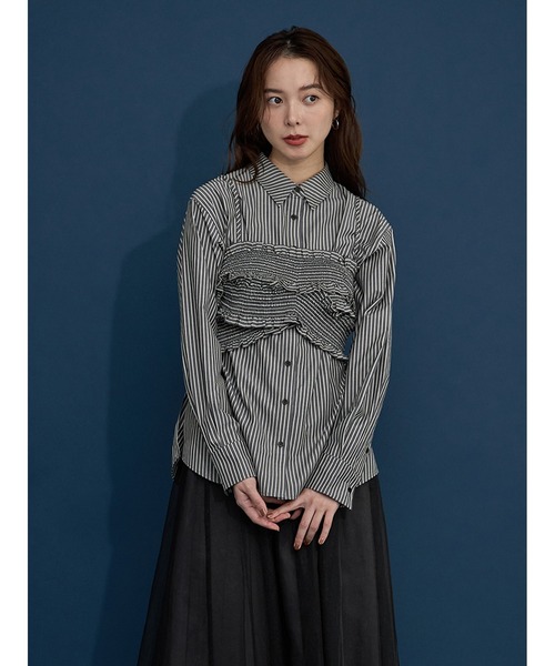ブラウス シャツ ビスチェ × ロングスリーブシャツ（セットアイテム） レディース andGIRL掲載》ビスチェレイヤードロングシャツ【洗濯機洗い可