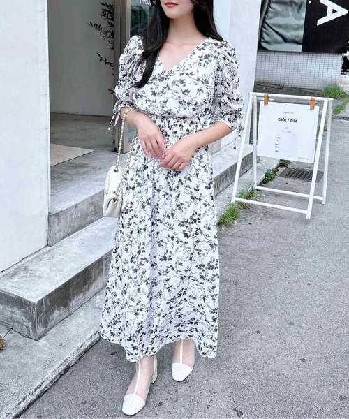 セール】ウエストシャーリング花柄シフォンワンピース
