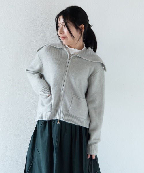 LOSUCA（ロスカ）の「セーラーカラーニット / セーラー ジップ 2WAYファスナー ナチュラル フレンチ 大人カジュアル レトロ ヴィンテージ シティガール（ニット/セーター・レディース・カーキ/オフホワイト/グレー・FREE）」の9枚目の写真