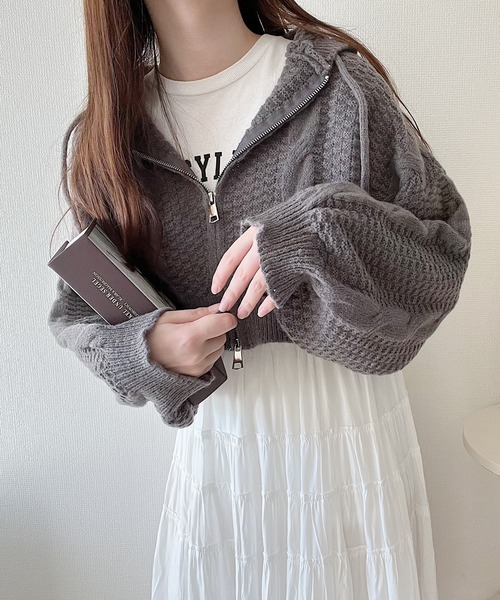 Nana(ナナ)（ナナ）の「ジップアップニットパーカー（パーカー・レディース・アイボリー/グレー・FREE）」の4枚目の写真