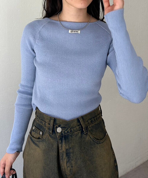 mystic(ミスティック)の「【10色展開/EC限定カラーORG】クルーリブニット(ニット/セーター・レディース・ブラック/アイボリー/ブルー/シルバー/ピンク/イエロー/オレンジ/グレー/グリーン/レッド・FREE)」の5枚目の写真