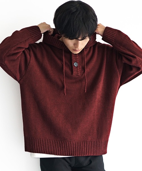 MinoriTY(マイノリティ)の「【MinoriTY】ざっくり編み7Gフード付きパーカーニット メンズ フーディー セーター ビッグシルエット オーバーサイズ ショート丈(ニット/セーター・メンズ・ブラック/ベージュ/ブルー/ダークブラック/グレイッシュブルー/グレイッシュベージュ/ボルドー・S/M/L)」の7枚目の写真