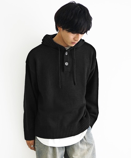 MinoriTY(マイノリティ)の「【MinoriTY】ざっくり編み7Gフード付きパーカーニット メンズ フーディー セーター ビッグシルエット オーバーサイズ ショート丈(ニット/セーター・メンズ・ブラック/ベージュ/ブルー/ダークブラック/グレイッシュブルー/グレイッシュベージュ/ボルドー・S/M/L)」の12枚目の写真