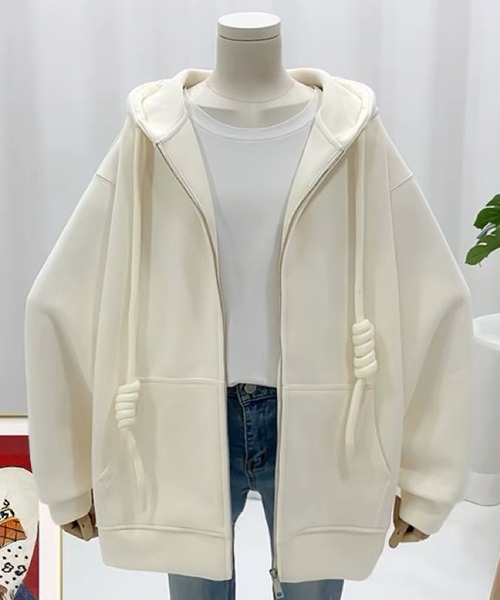 Chiina(チーナ)の「Chiina/無地 シンプル オーバーサイズ フルジップパーカー(パーカー・レディース・ブラック/アイボリー/ダークグレー/ライトピンク/アッシュグレー/ブラウン/レッド・FREE)」の13枚目の写真