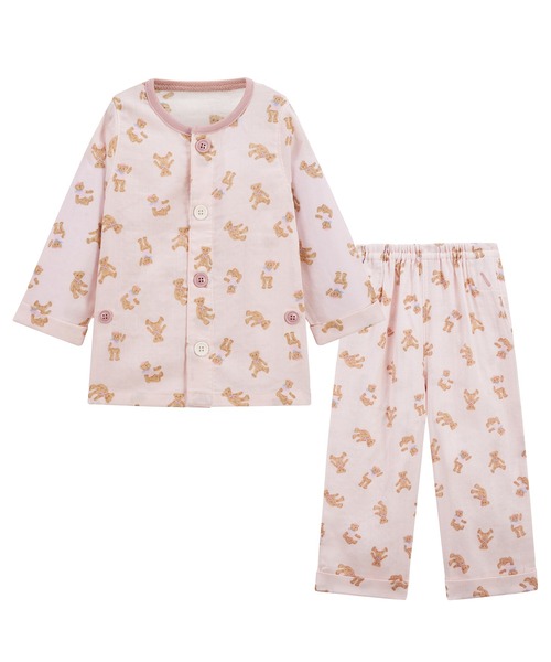 セール】おなか安心ボタン付き長袖前開きガーゼパジャマ（テディベア