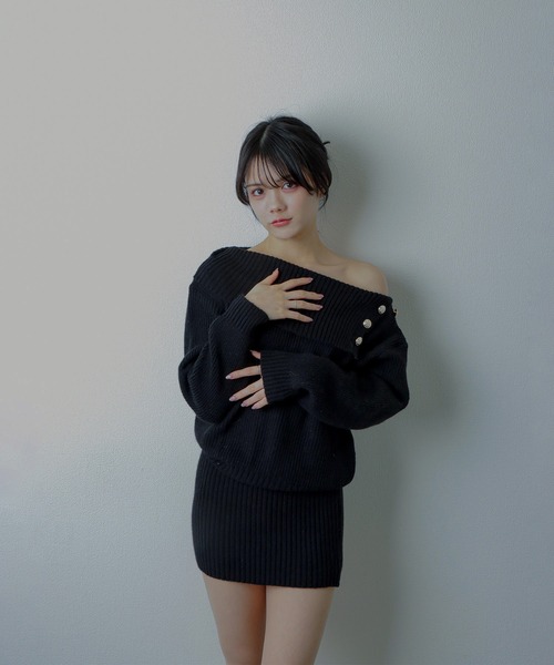 M DOLLY（エムドリー）の「asymmetry knit mini dress/アシンメトリーニットミニドレス（ワンピース・レディース・グレー/ブラック・S/M/L）」の3枚目の写真
