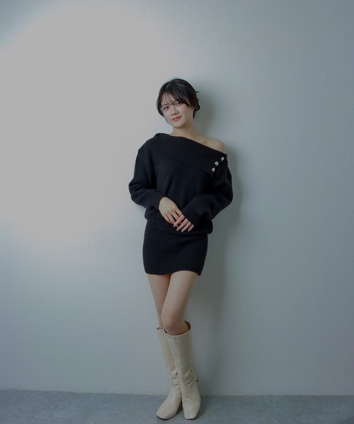 M DOLLY（エムドリー）の「asymmetry knit mini dress/アシンメトリーニットミニドレス（ワンピース・レディース・グレー/ブラック・S/M/L）」の5枚目の写真