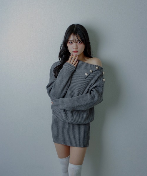 M DOLLY（エムドリー）の「asymmetry knit mini dress/アシンメトリーニットミニドレス（ワンピース・レディース・グレー/ブラック・S/M/L）」の9枚目の写真