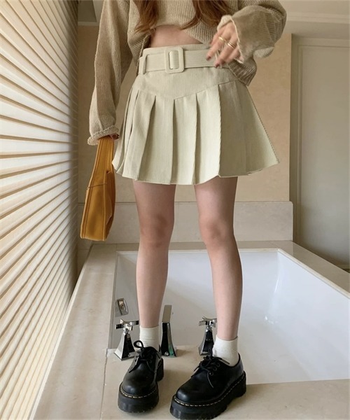 FREE STYLISTS(フリー スタイリスト)の「ベルト付き プリーツミニスカート(スカート・レディース・アイボリー/カーキ/ブラック/ブラウン・S/M/L/XL)」の20枚目の写真