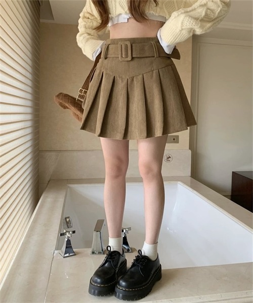 FREE STYLISTS(フリー スタイリスト)の「ベルト付き プリーツミニスカート(スカート・レディース・アイボリー/カーキ/ブラック/ブラウン・S/M/L/XL)」の13枚目の写真