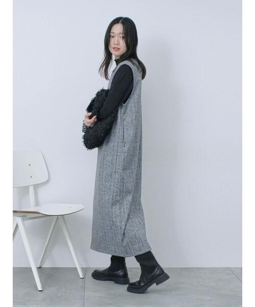 Samansa Mos2 blue（サマンサモスモスブルー）の「ウールライクチェックジャンスカ（ワンピース・レディース・ベージュ/ブラウン/グレー・F）」の4枚目の写真