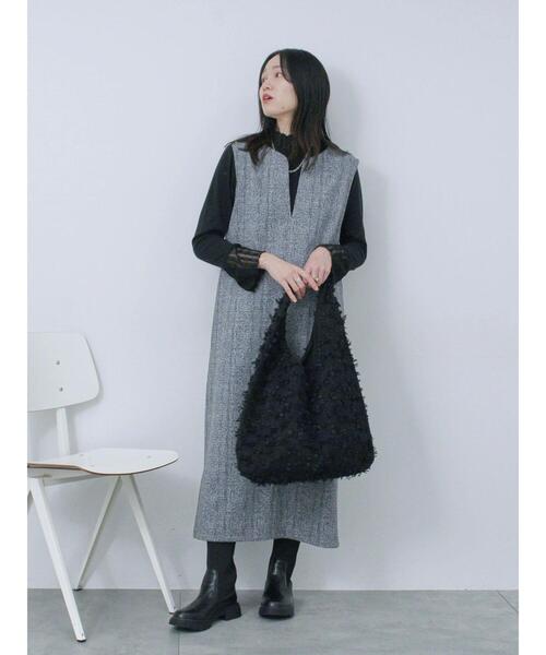 Samansa Mos2 blue（サマンサモスモスブルー）の「ウールライクチェックジャンスカ（ワンピース・レディース・ベージュ/ブラウン/グレー・F）」の5枚目の写真