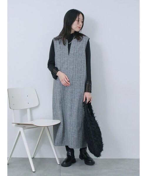 Samansa Mos2 blue（サマンサモスモスブルー）の「ウールライクチェックジャンスカ（ワンピース・レディース・ベージュ/ブラウン/グレー・F）」の6枚目の写真