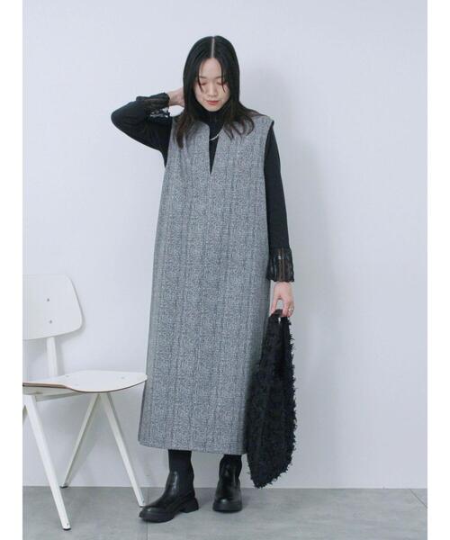 Samansa Mos2 blue（サマンサモスモスブルー）の「ウールライクチェックジャンスカ（ワンピース・レディース・ベージュ/ブラウン/グレー・F）」の10枚目の写真