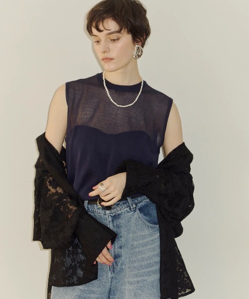 LA BELLE ETUDE（ラベルエチュード）の「シアークルーネックノースリーブニット（ニット/セーター・レディース・ライトパープル/ネイビー/ホワイト/ブラック/グレー・FREE）」の9枚目の写真