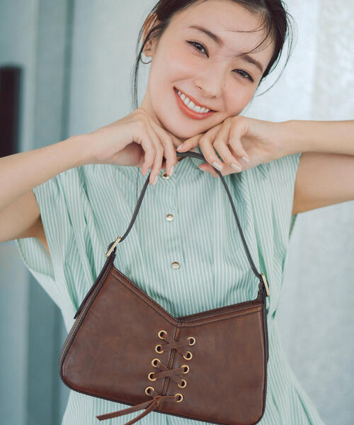 レースアップデザイン ショルダーバッグ グレー セール】◇【美人百花掲載】レースアップセミショルダーバッグ